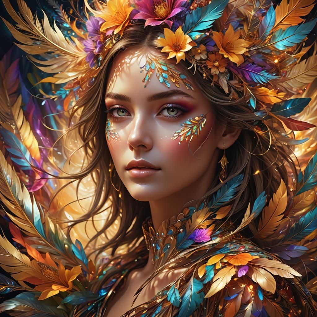 Fractal Portrait: Girl with Glowing Skin and Feathers