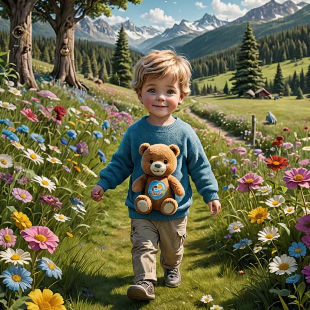 Boy and Care Bear in Wonderland Meadow