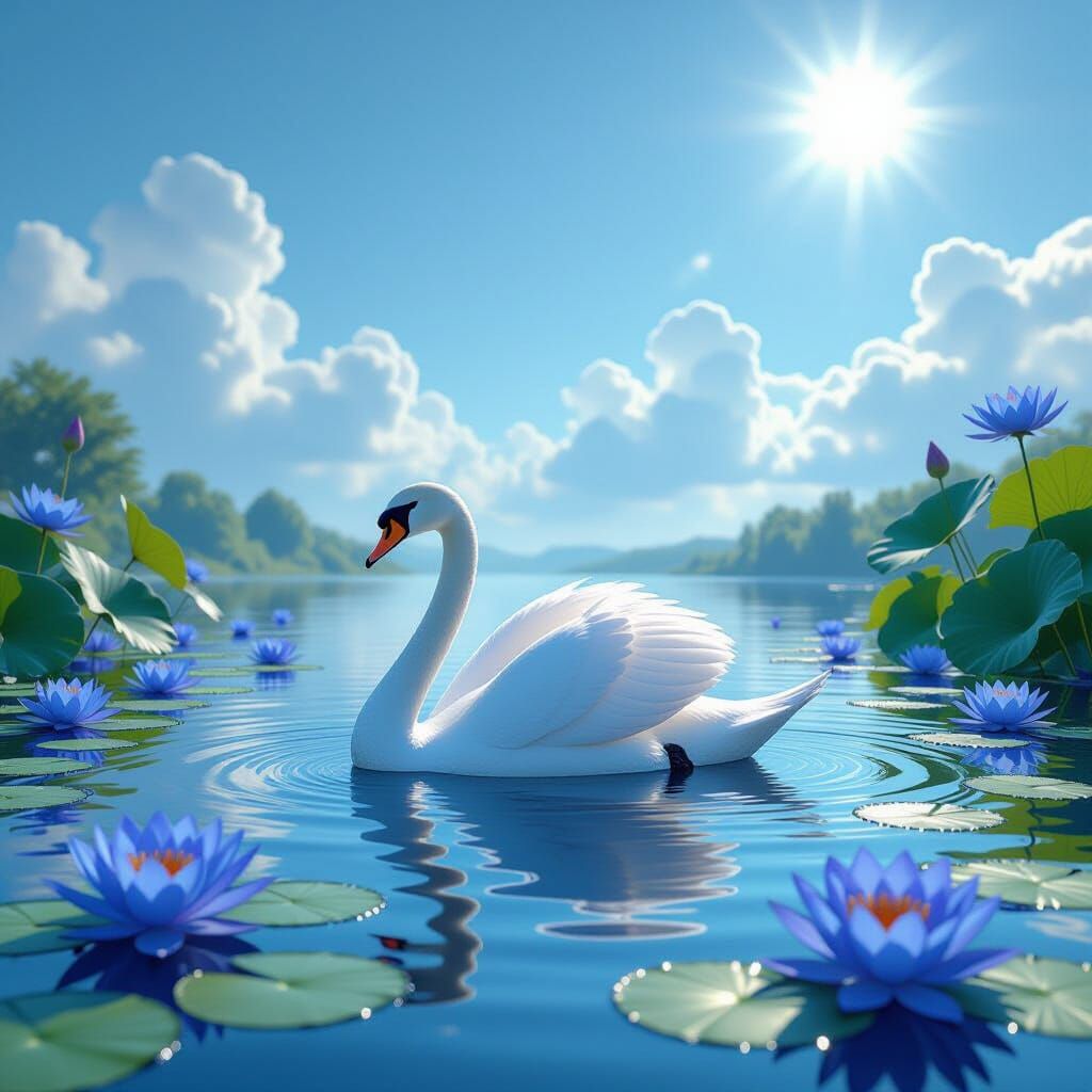 Swan on Serene Lake with Blue Lotuses in Matte Painting Styl...