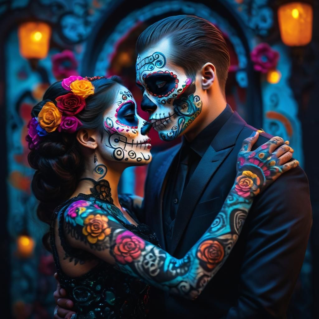 Dramatic Dia de los Muertos Couple Portrait in Vibrant Sugar...
