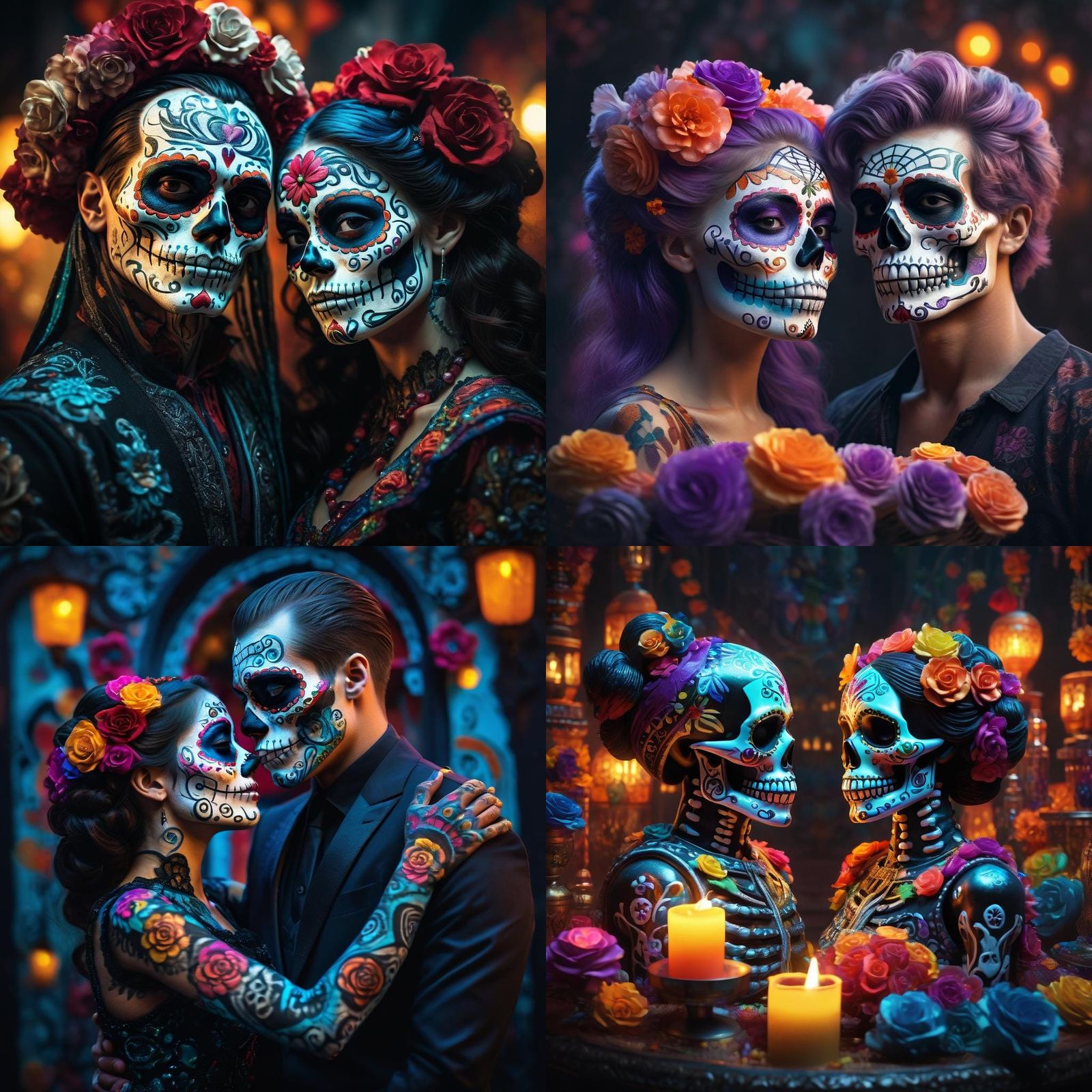 Colorful Dia de los Muertos Candy Skull Couple