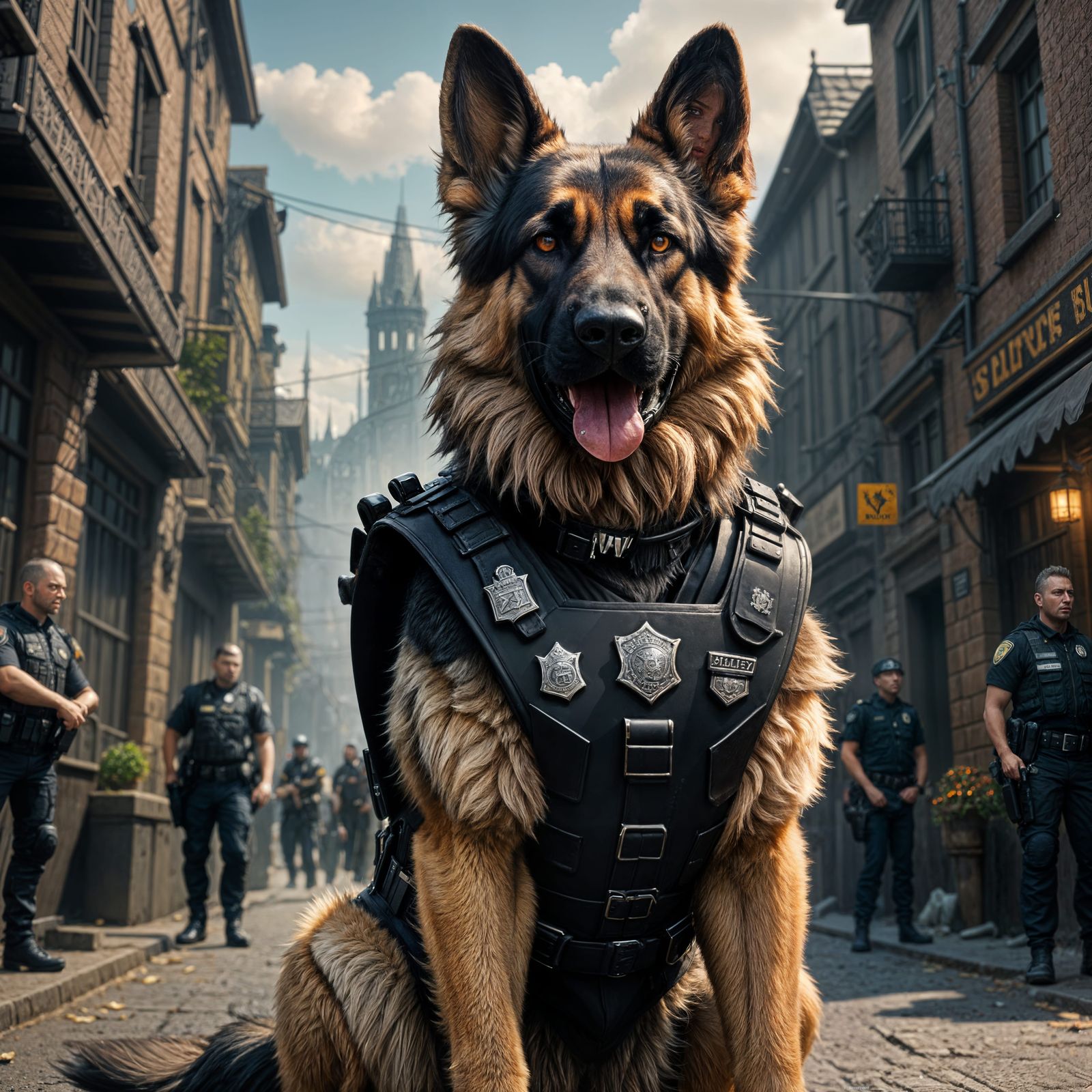 Majestic German Shepherd in Black Bulletproof Vest as Fantas...