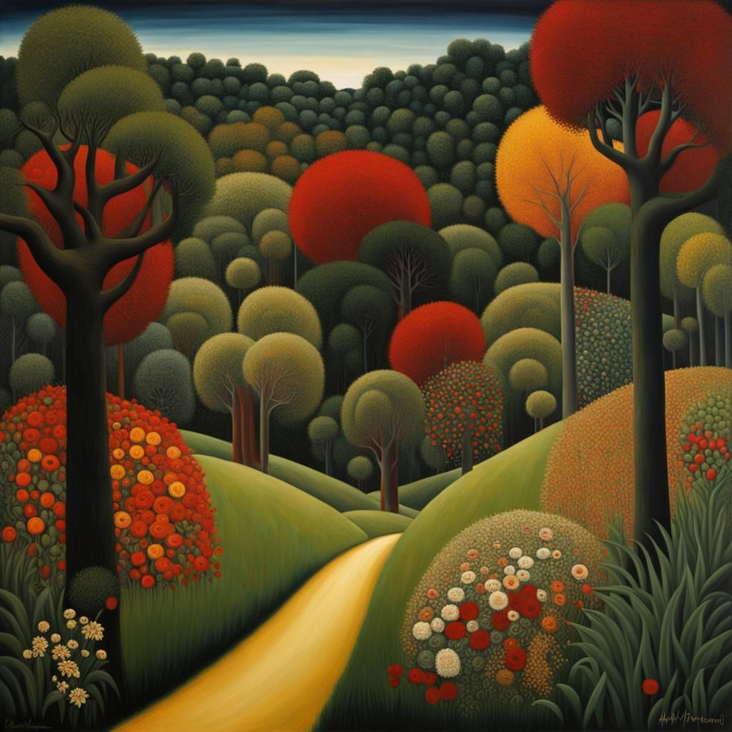 Hyperdetailed Landscape in Klimt and Rousseau Style