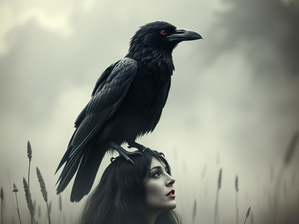 Raven on Sorceress Head Portrait, Antique Grunge Style