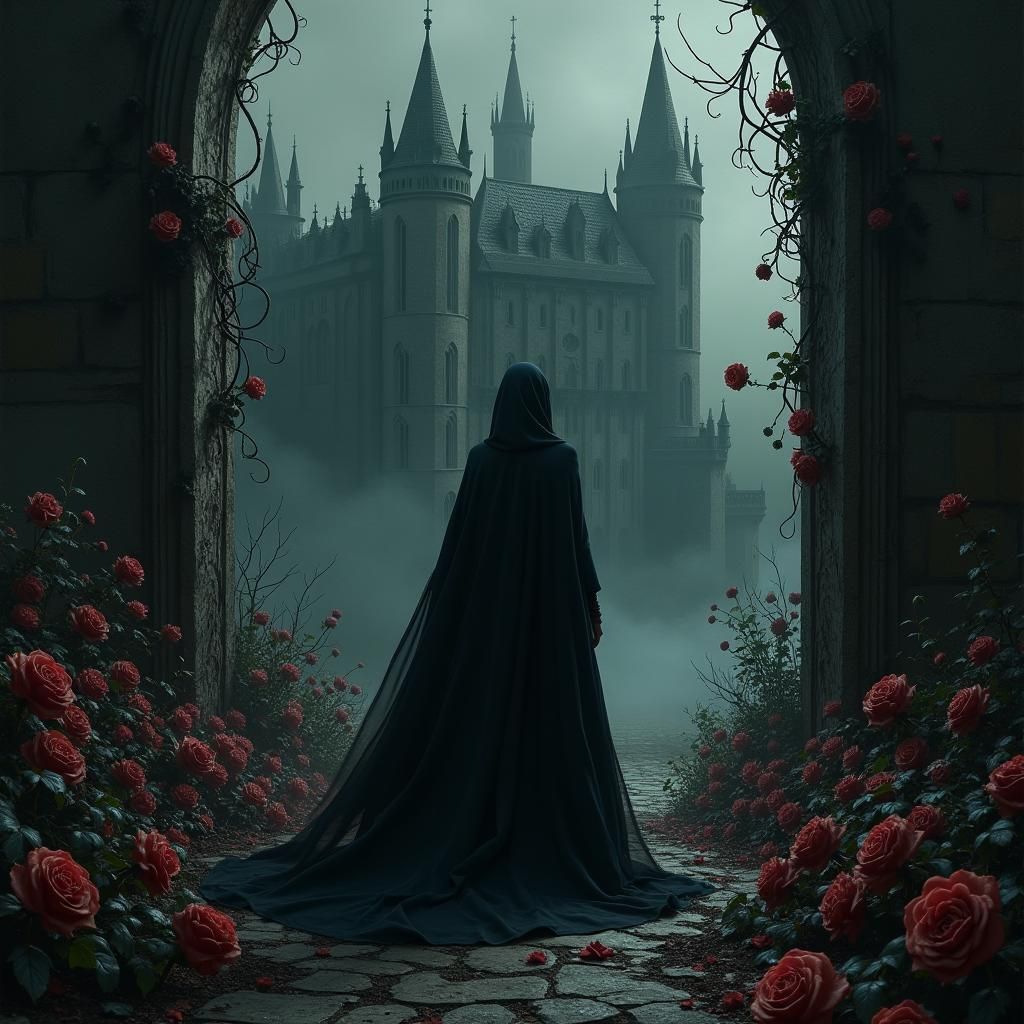 Dark Woman and Castle in Opulent Painterly Style