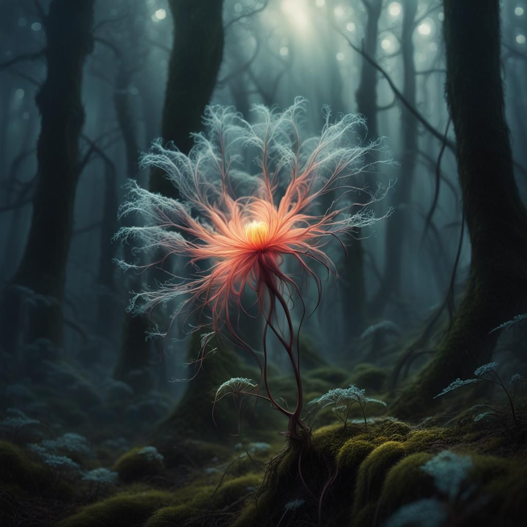 Mysterious Glowing Bloom in Dark Forest