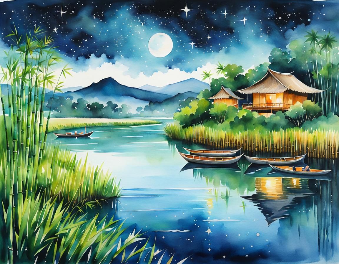 Floating Bamboo Village at Midnight: Watercolor Art