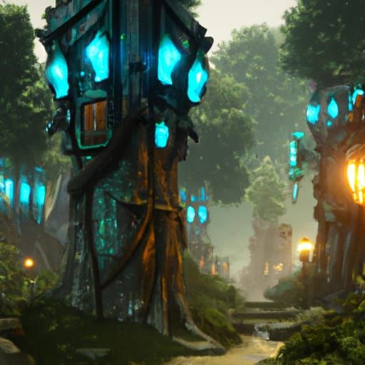 Fantastical Night Elven City in Forest