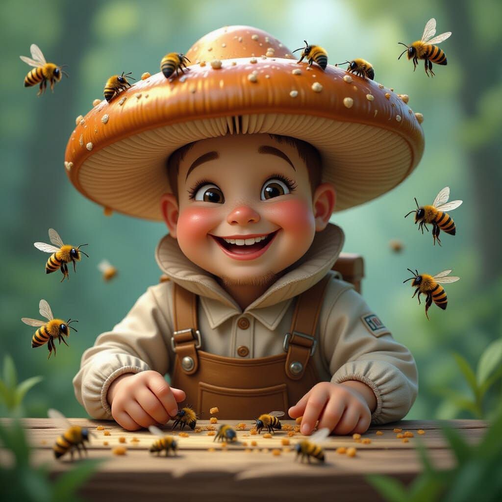 Mushroom Beekeeper with Human Face in Alcohol Ink Style