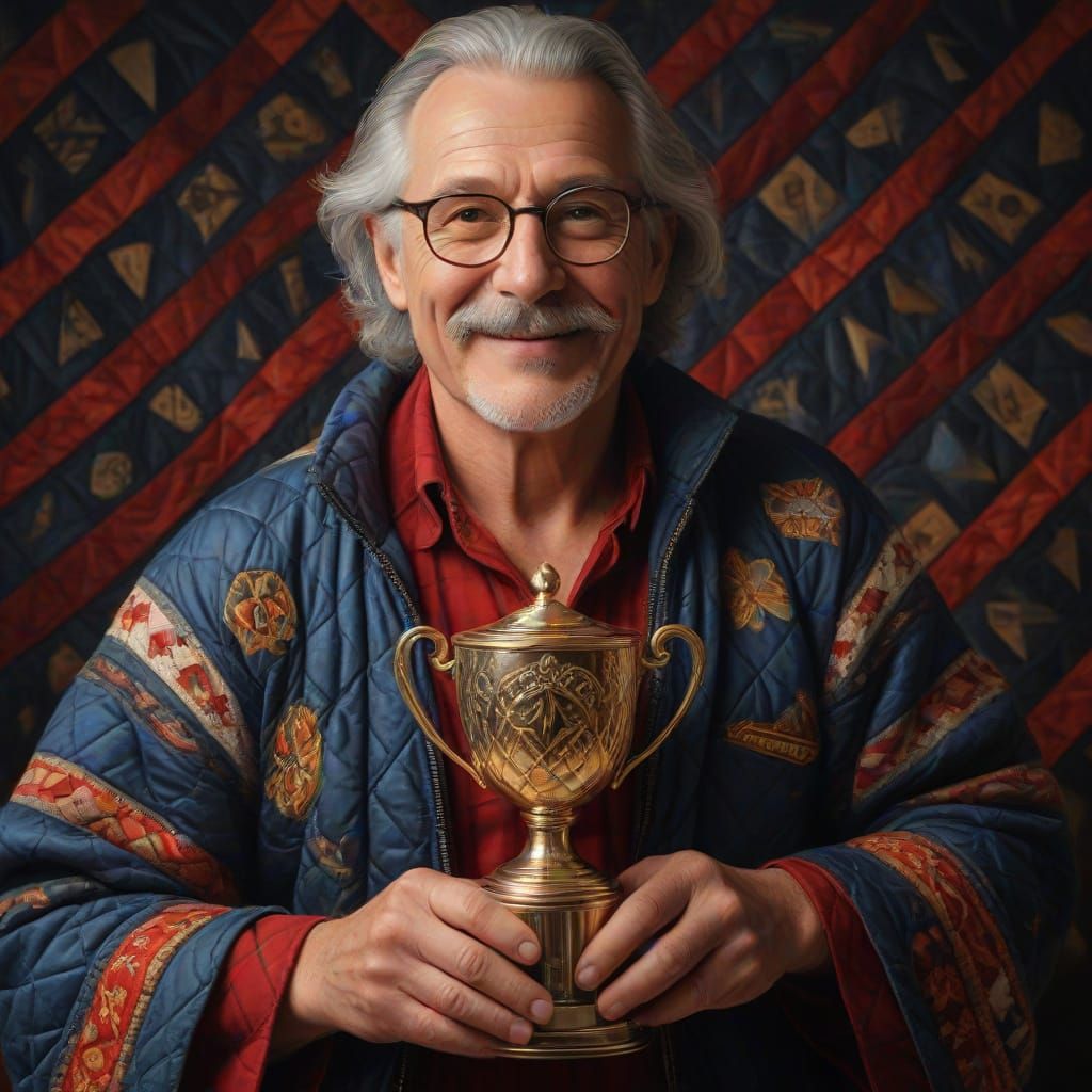 Smiling Man in Ethereal Quilt with Trophy