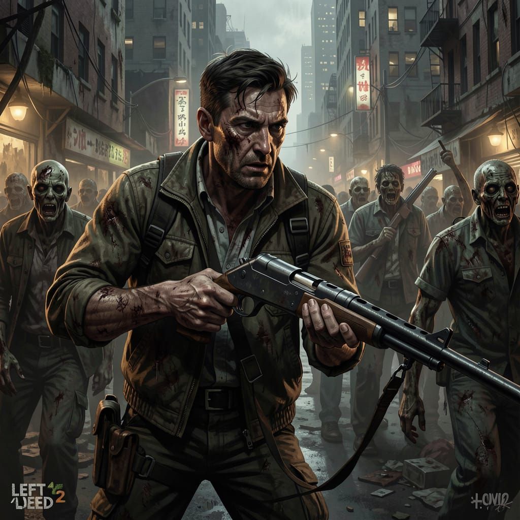 Louis Fights Zombies in Dark Cityscape