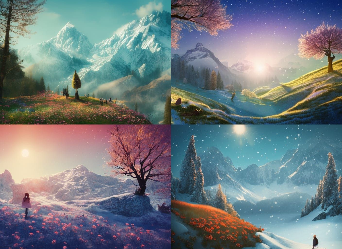 Winter Mountain Landscape with Flowers: Pop Surrealist Paint...