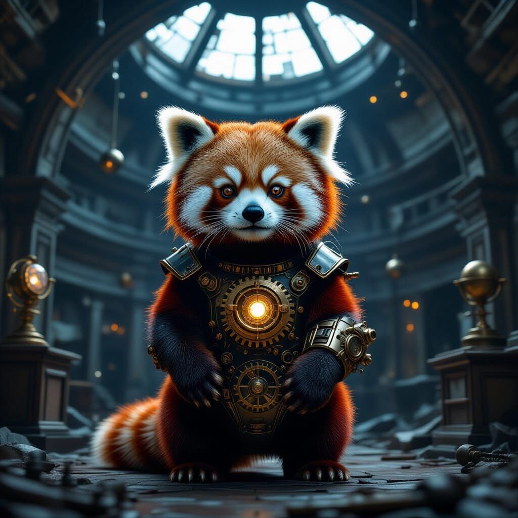 Gothic Steampunk Red Panda in Abandoned Observatory