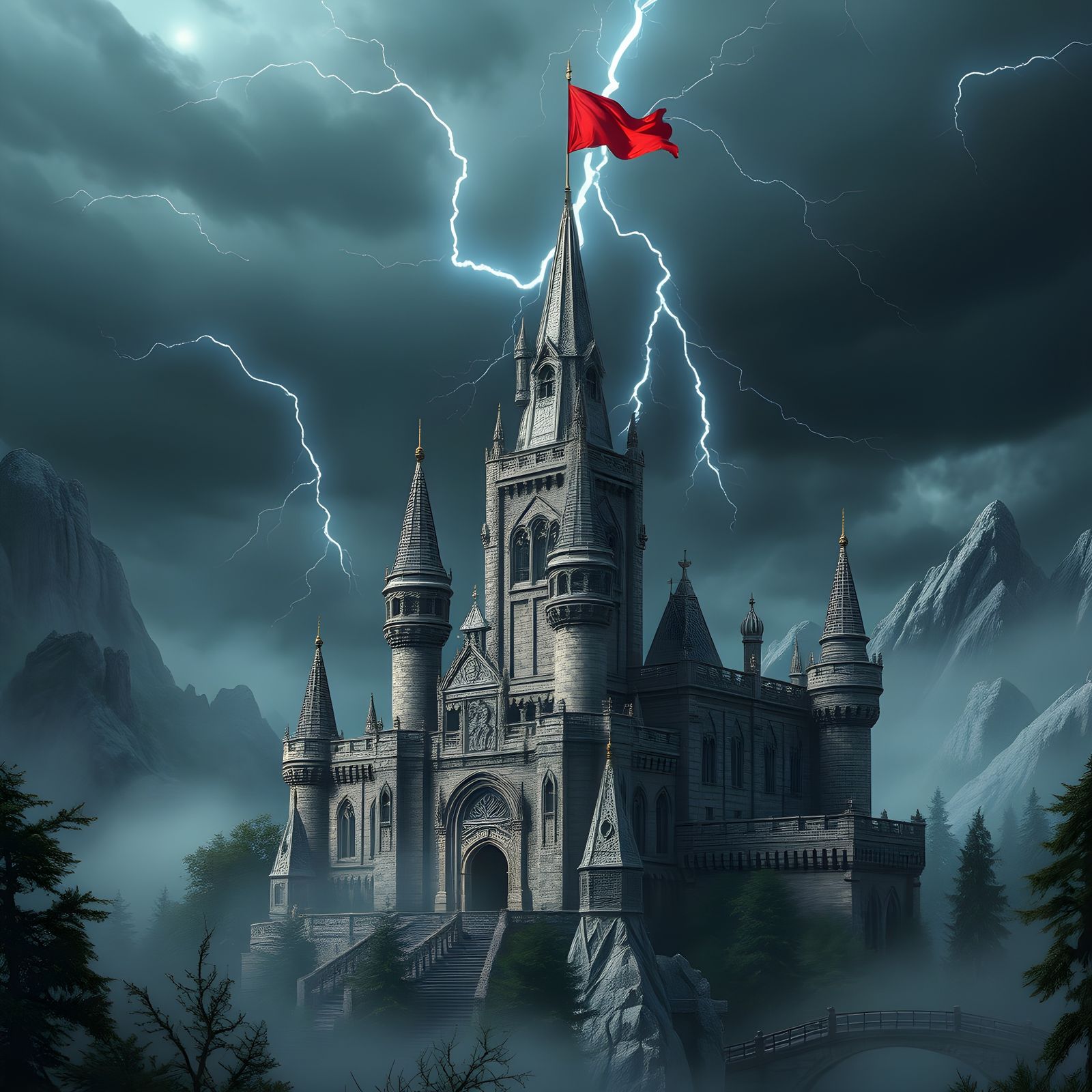 Chessboard Castle in Stormy Forest: Matte Painting