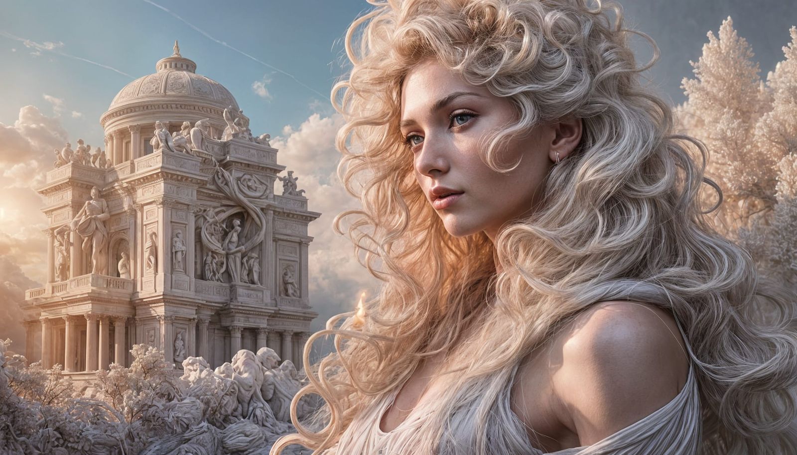 Supermodel in Marble Hall with Fiery Cylinder