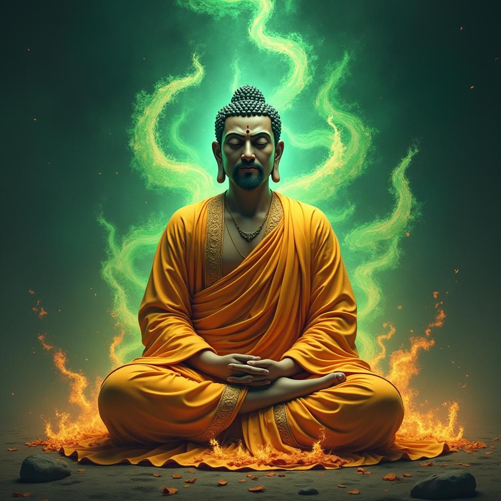 Lord Buddha in Dragon Fire: Digital Concept Art