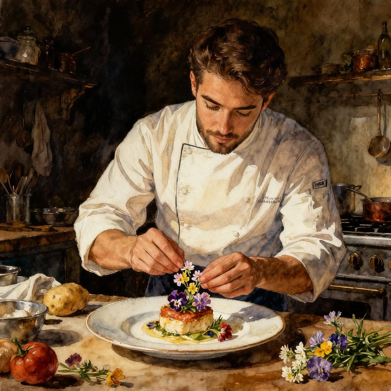 Gourmet Chef Arranging Edible Flowers in Warm Kitchen Light
