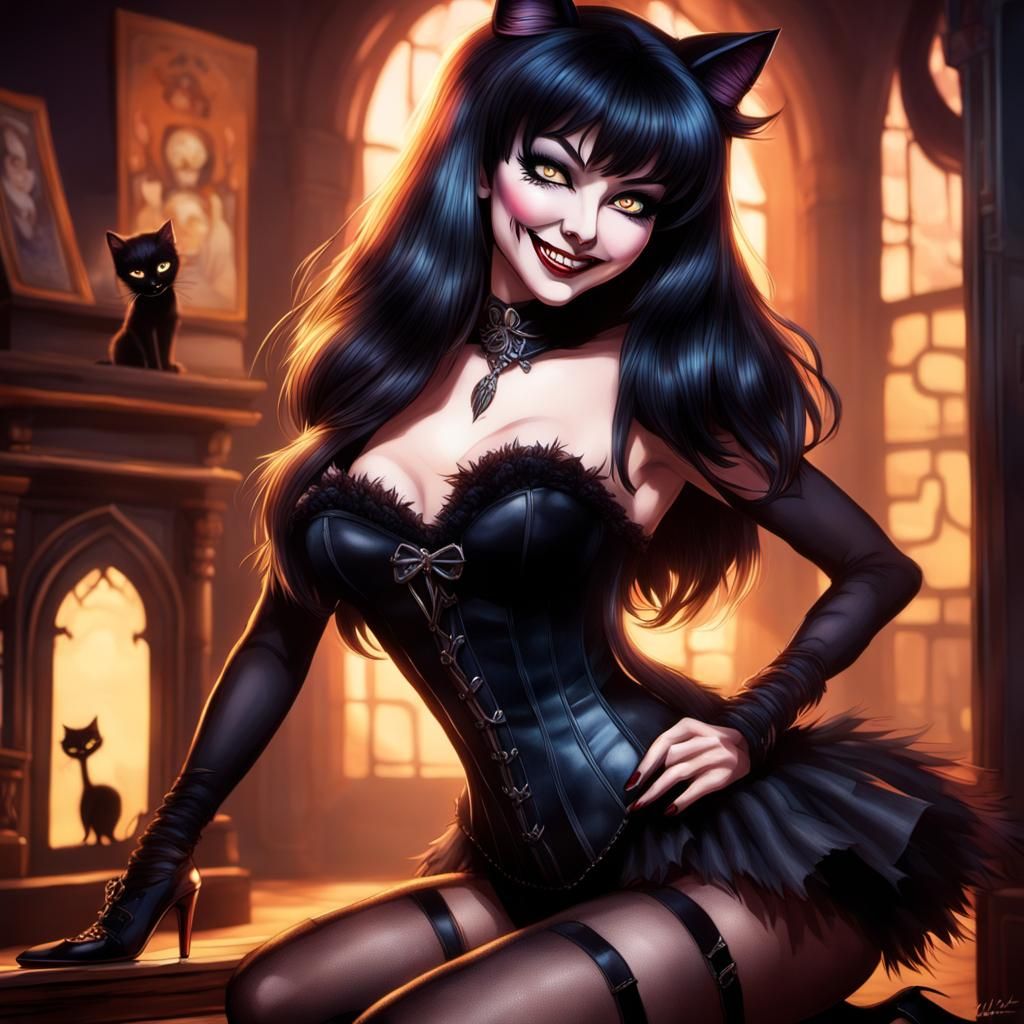 Elvira in Corset with Black Cat, Anime Style