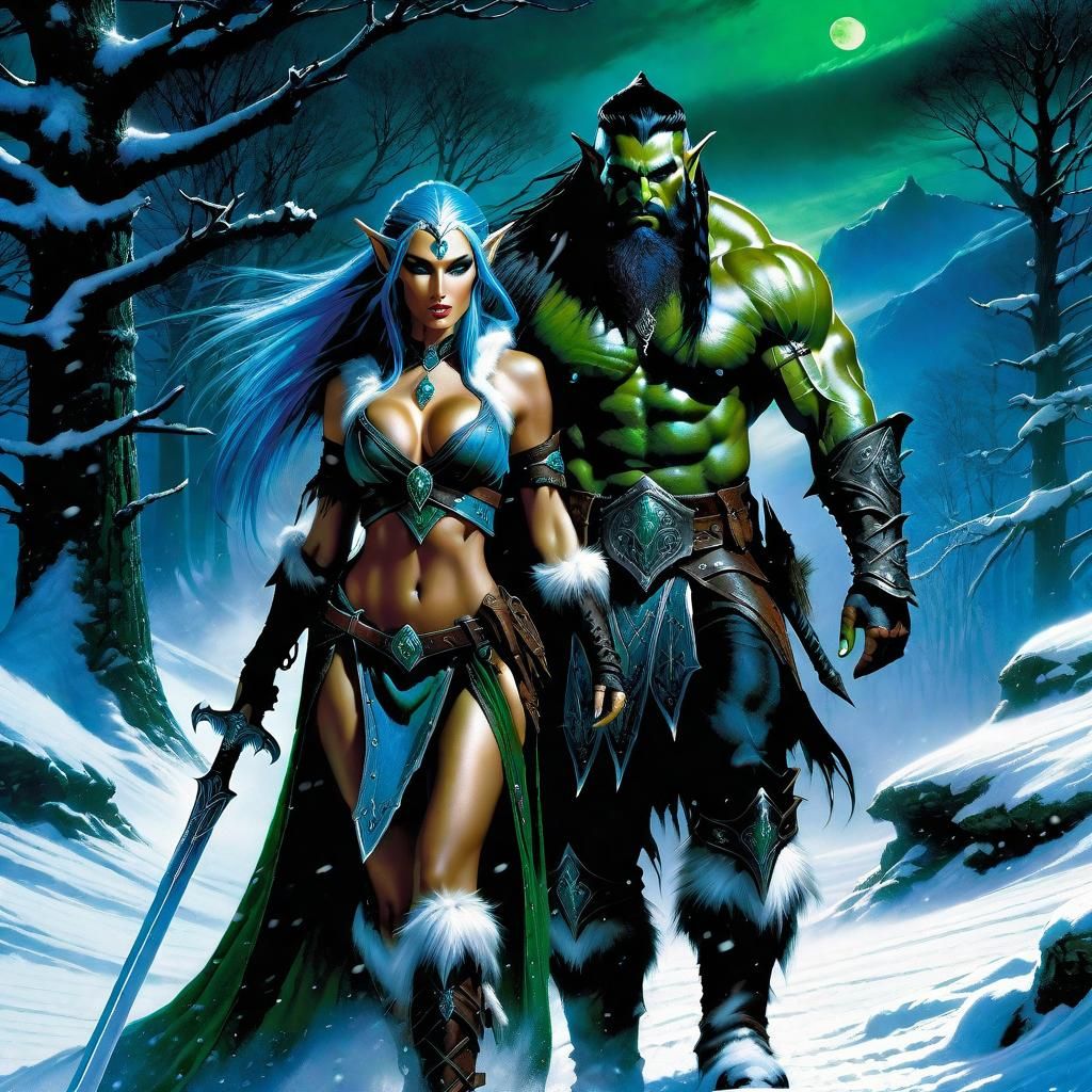 Elf Sorceress and Orc Warrior in a Snowy Landscape