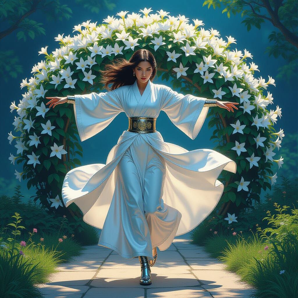 Chrome Woman Backflip in Fantasy Oil Painting