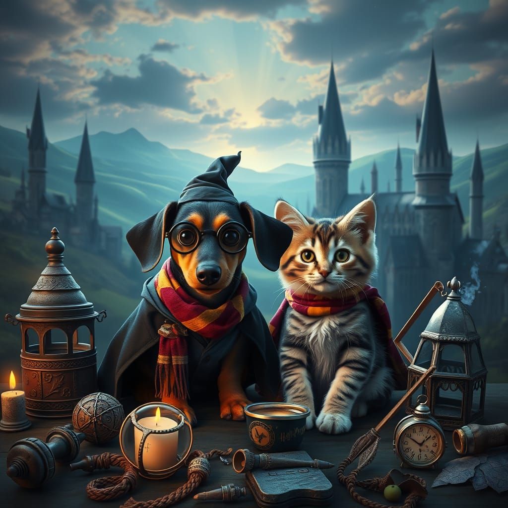 Whimsical Wizarding World: Dachshund and Kitten as Harry Pot...