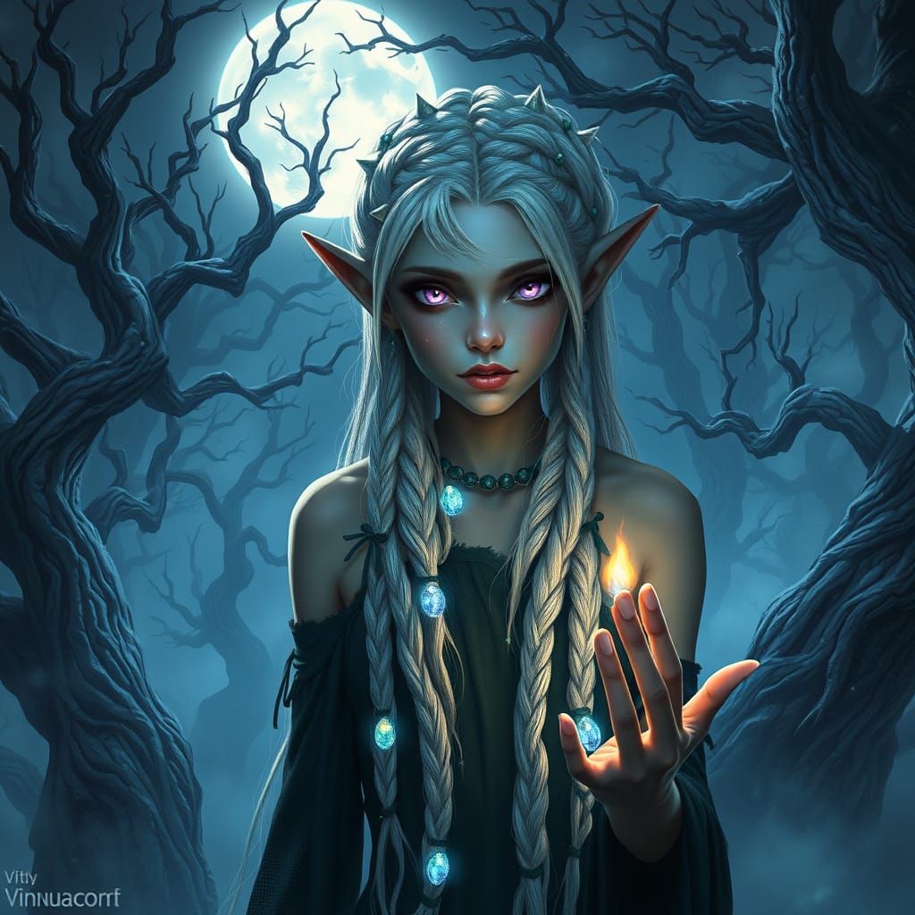 Dark Elf Spirit Caller in Moonlit Forest