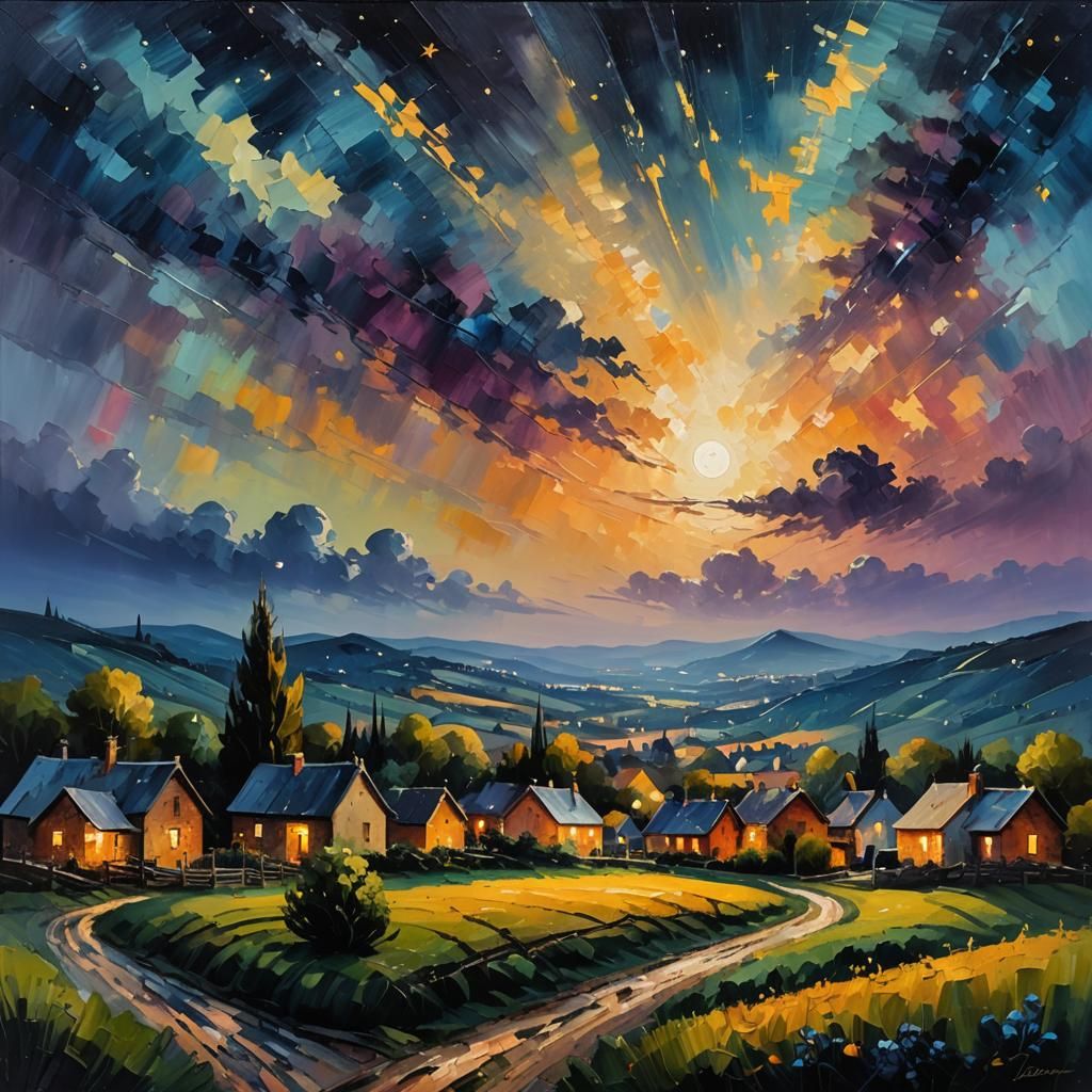 Impressionist Village Under Starry Night Sky