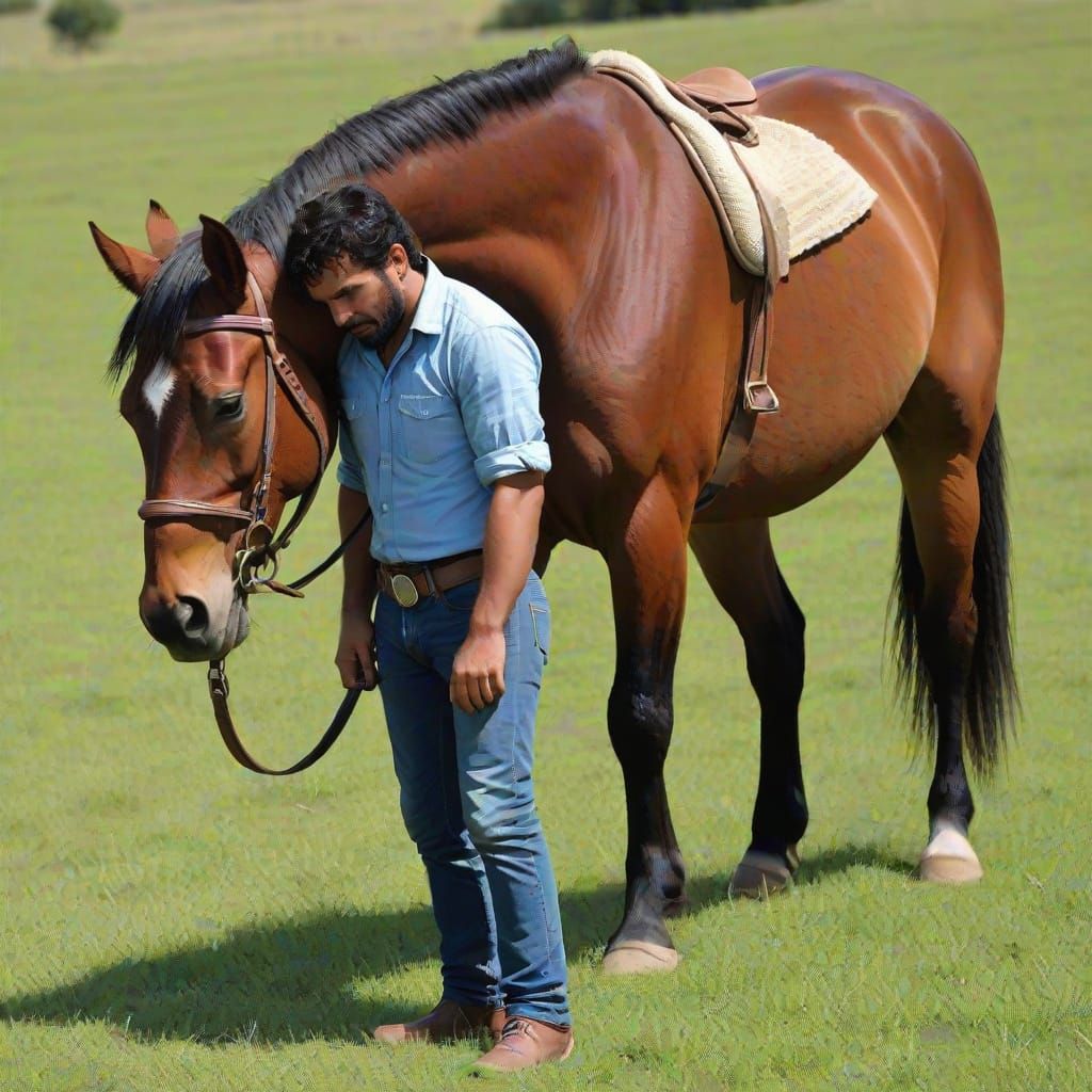 Man on Horseback in Meadow with Cattle
