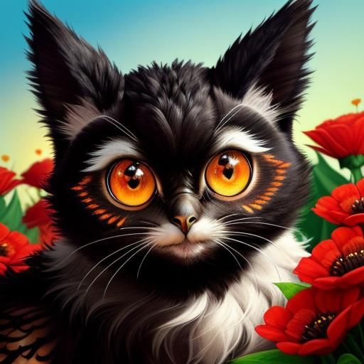 Cute Monster Cat in Flower Field: Fantasy Art