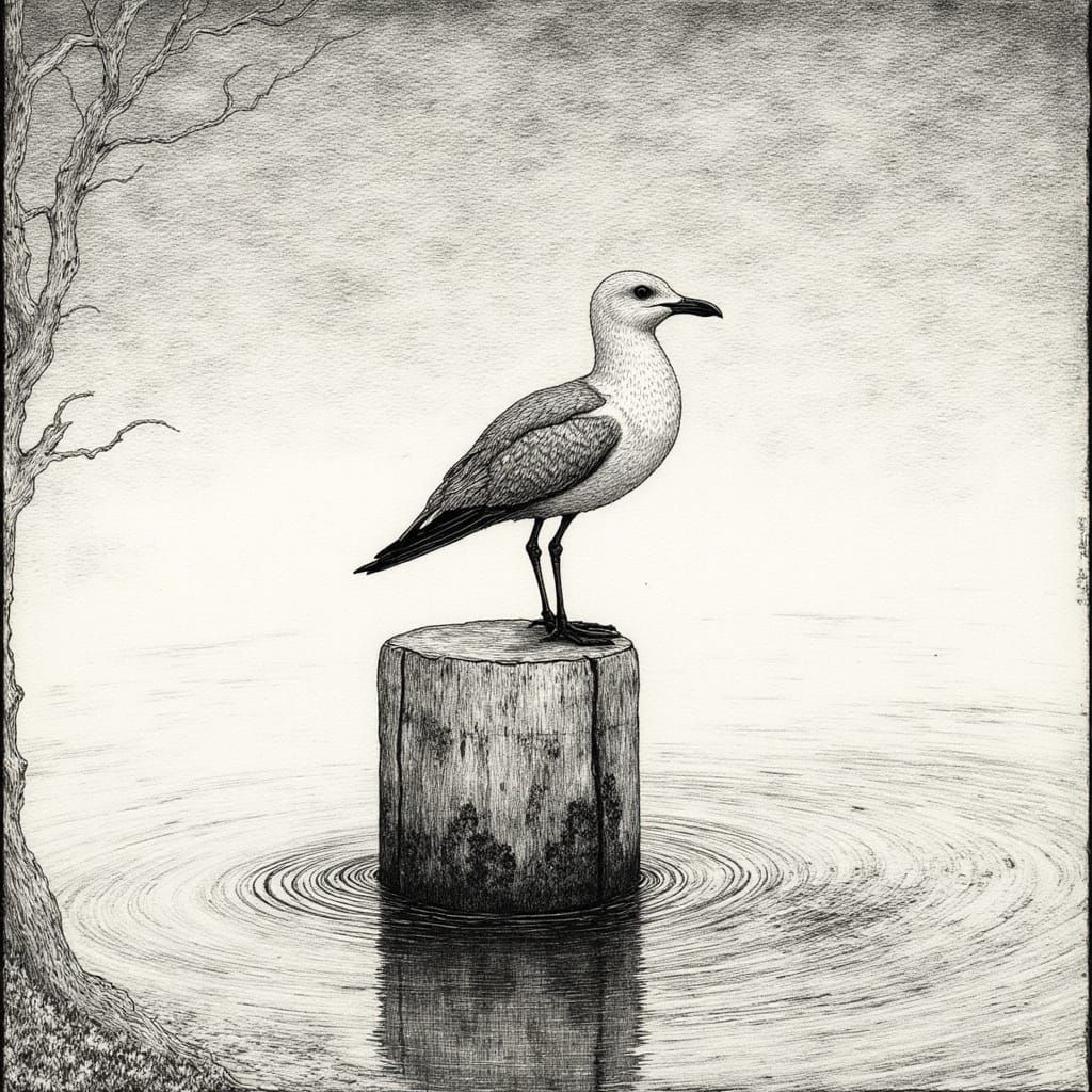 Dreamlike Seagull in Scratchboard Style
