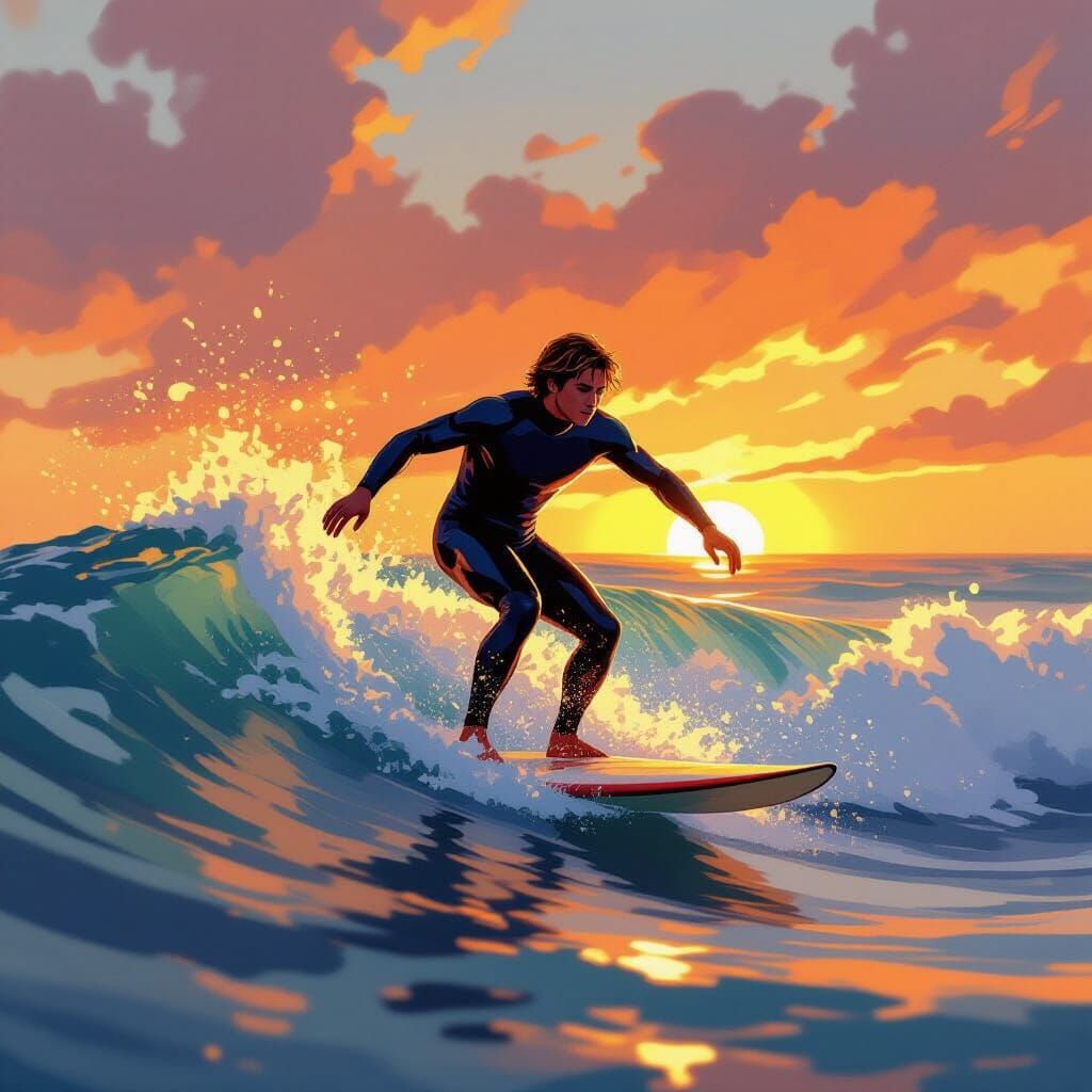 Young Surfer Rides Sunset Wave in Impressionist Style