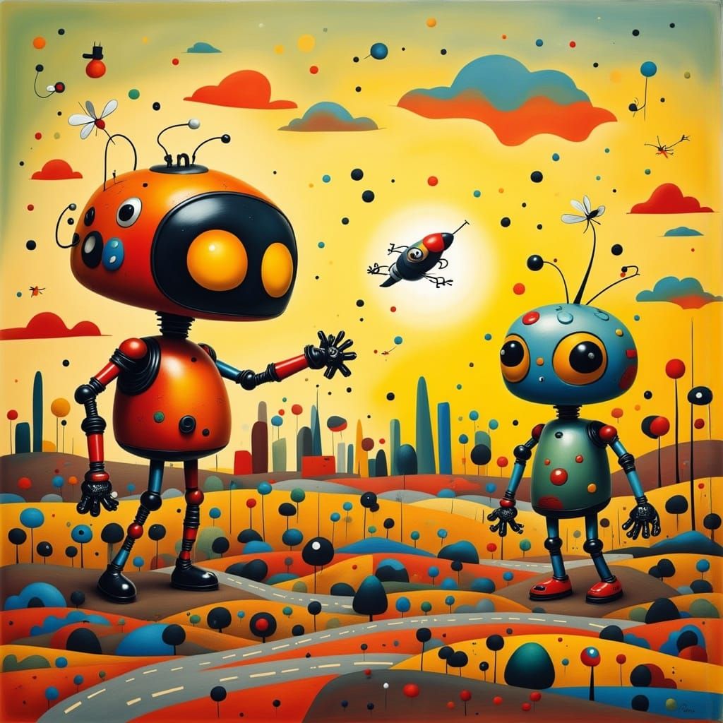 Retro-Futuristic Robots Frolic in Junkyard Sunset