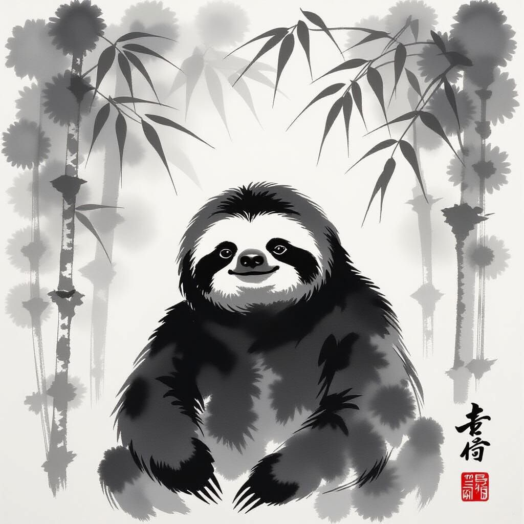 Serene Sloth in Minimalist Sumi-e Ink Painting