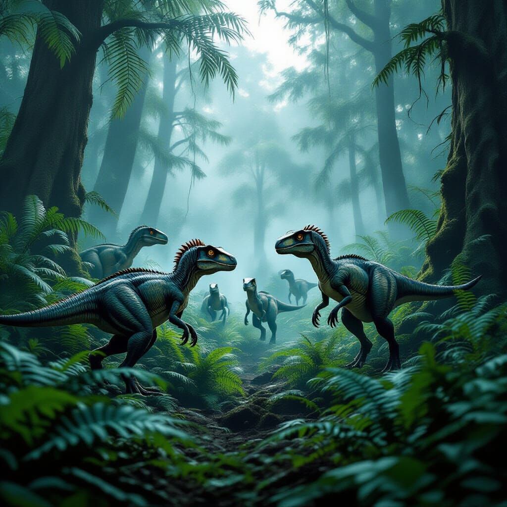 Velociraptors Hunting in Misty Jurassic Forest