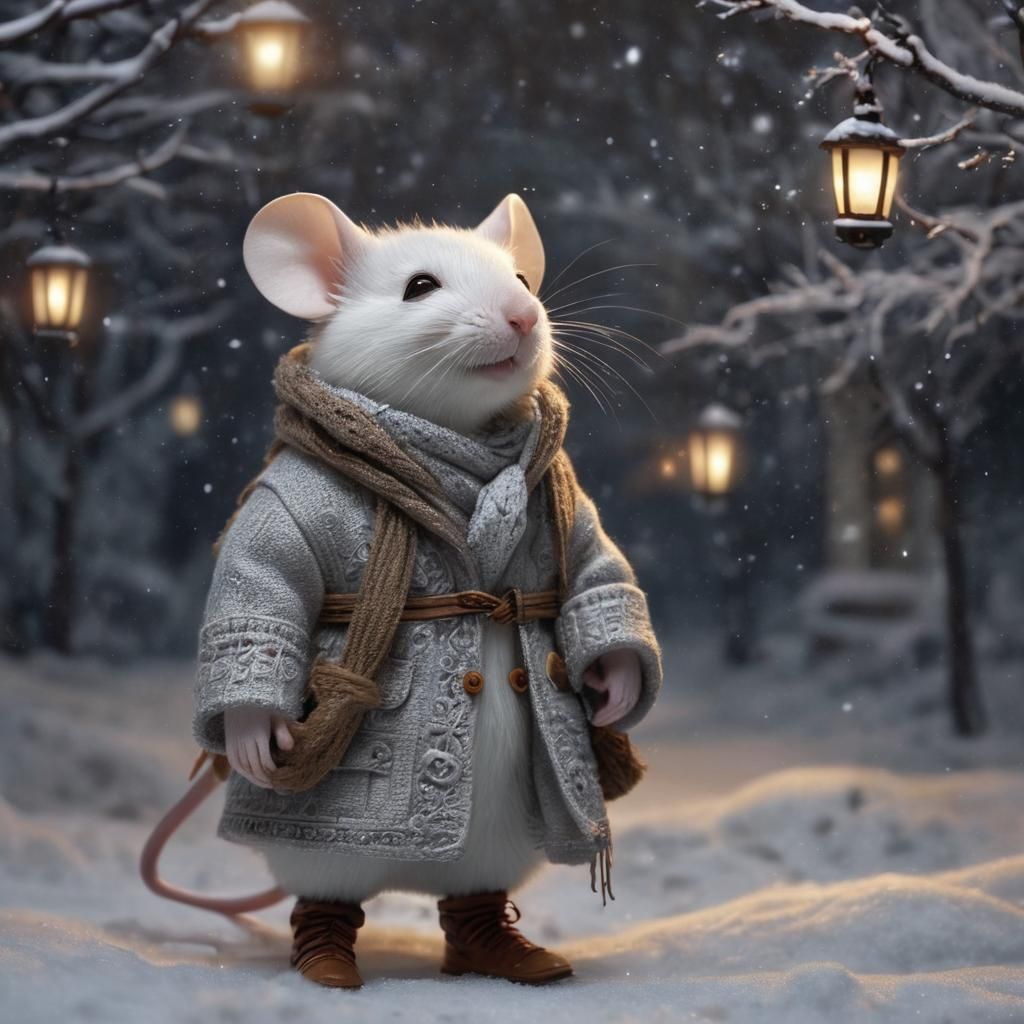 Whimsical Snowy Winter Scene with a Cozy Mouse