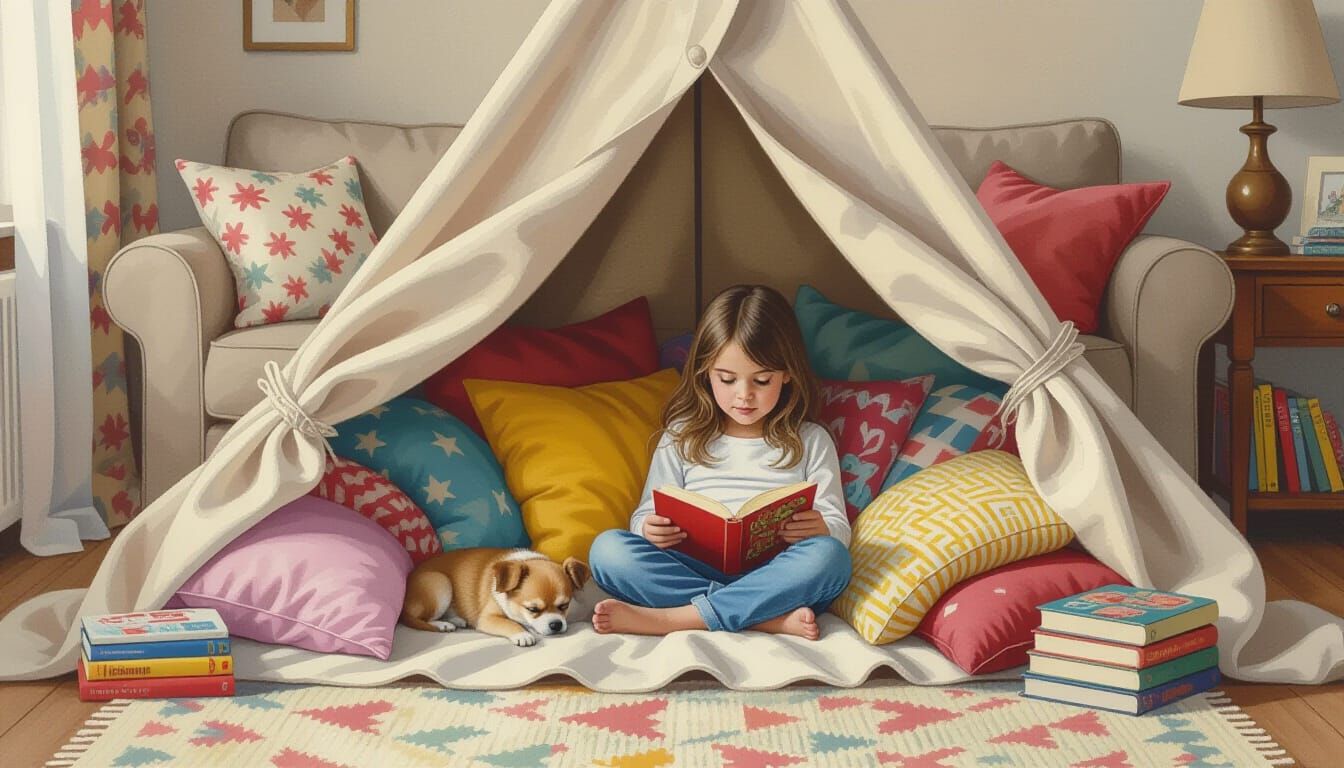 Cozy Blanket Fort with Girl and Chihuahua, Watercolour Style