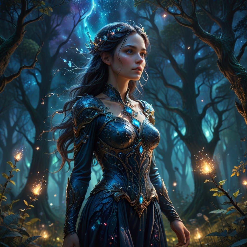 Surreal Enchantress in Glowing Forest Glade