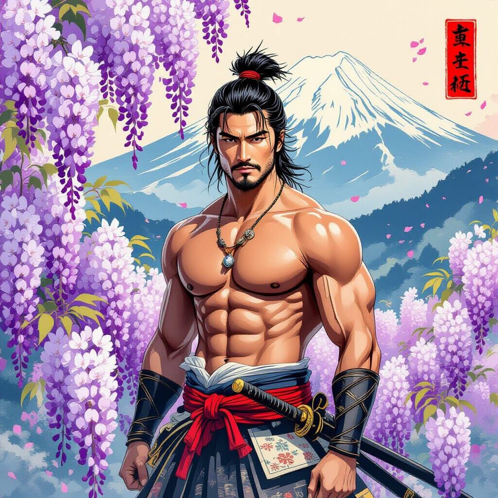 Samurai in Wisteria Garden: Ukiyo-e Style