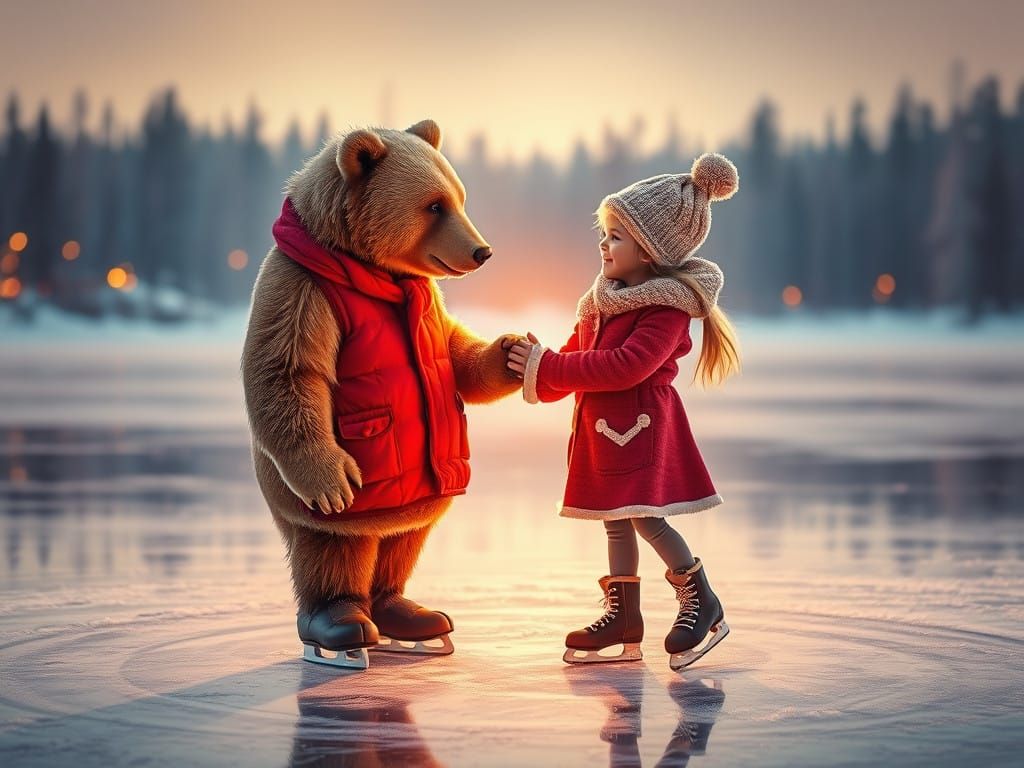 Majestic Bear and Joyful Girl Embark on Winter Wonderland Ad...