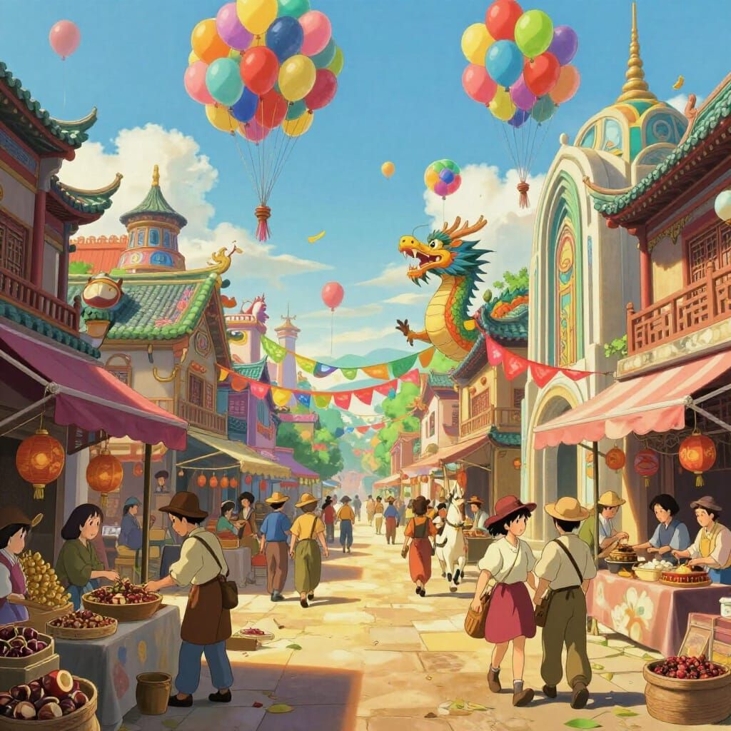 Ancient Chinese Marketplace with Dragons and Balloons