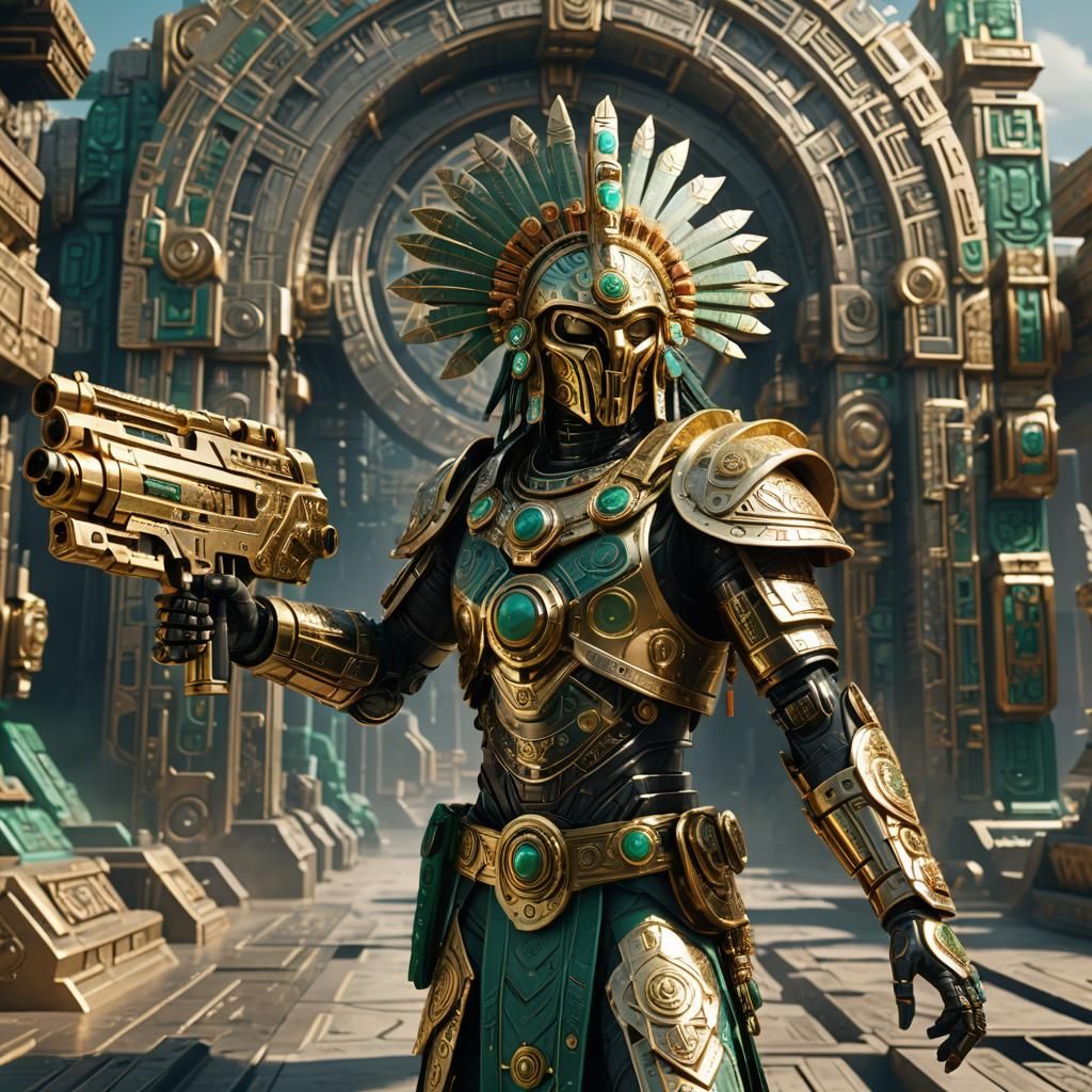 Aztec Warrior with Silver Blaster: Sci-Fi 8K Render