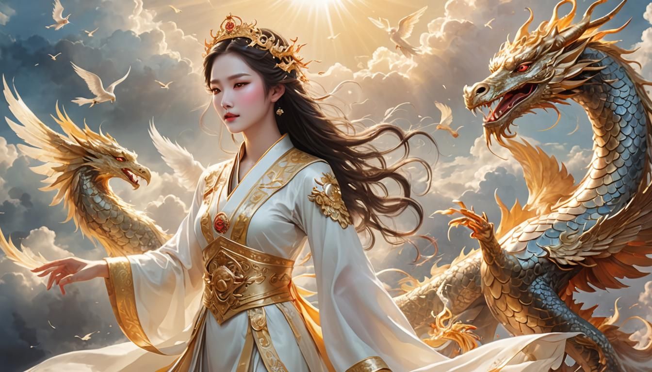 Xianxia Goddess Flying with Phoenix and Dragon