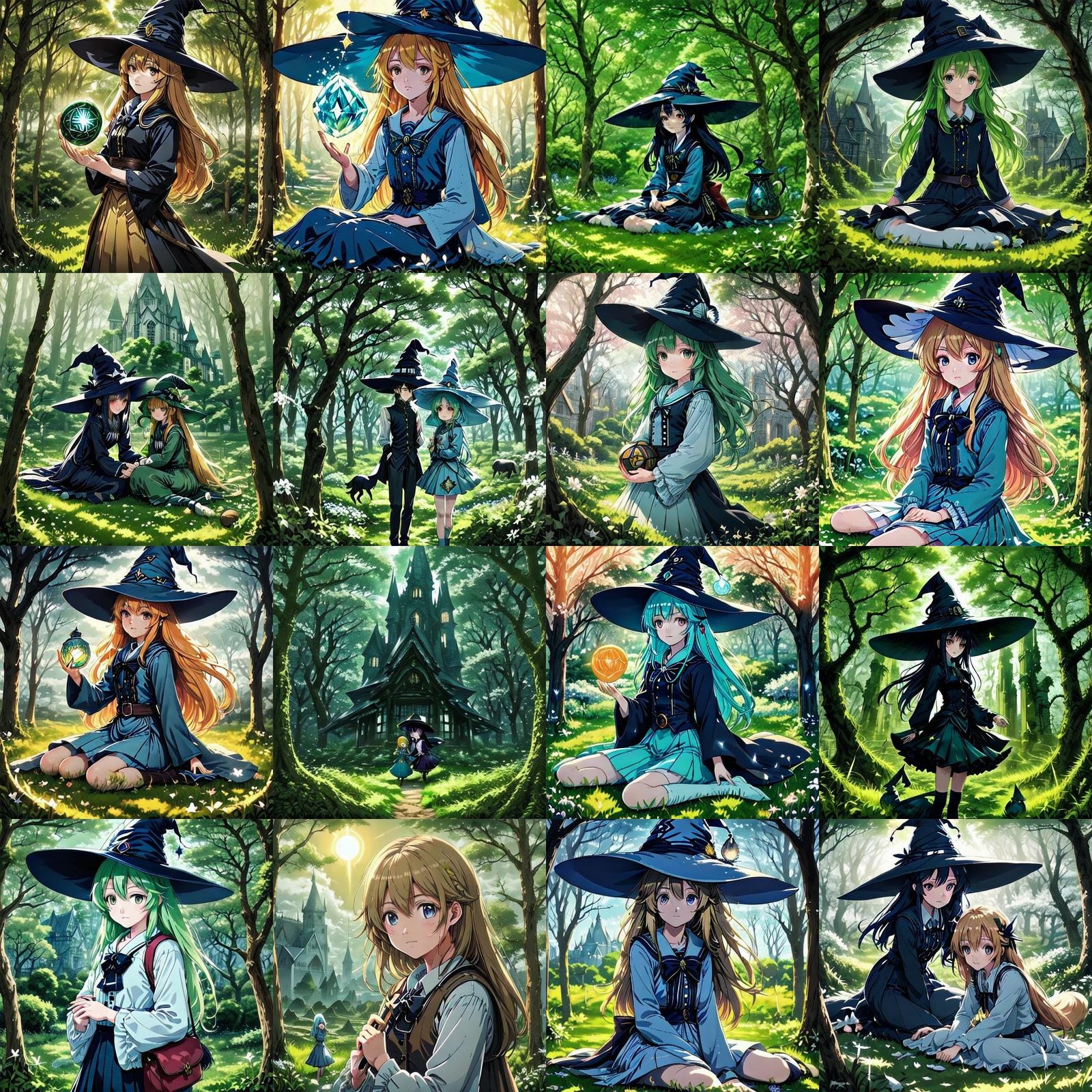 Girl, Witch Hat, and Wolves in Grassy Meadow