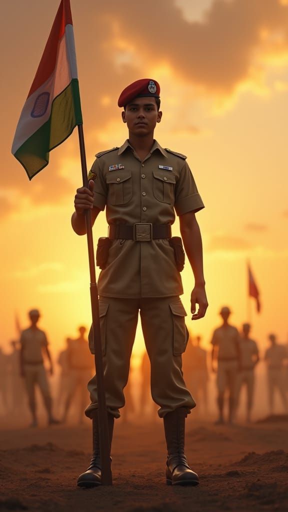 Proud Indian Soldier with Flag at Sunrise