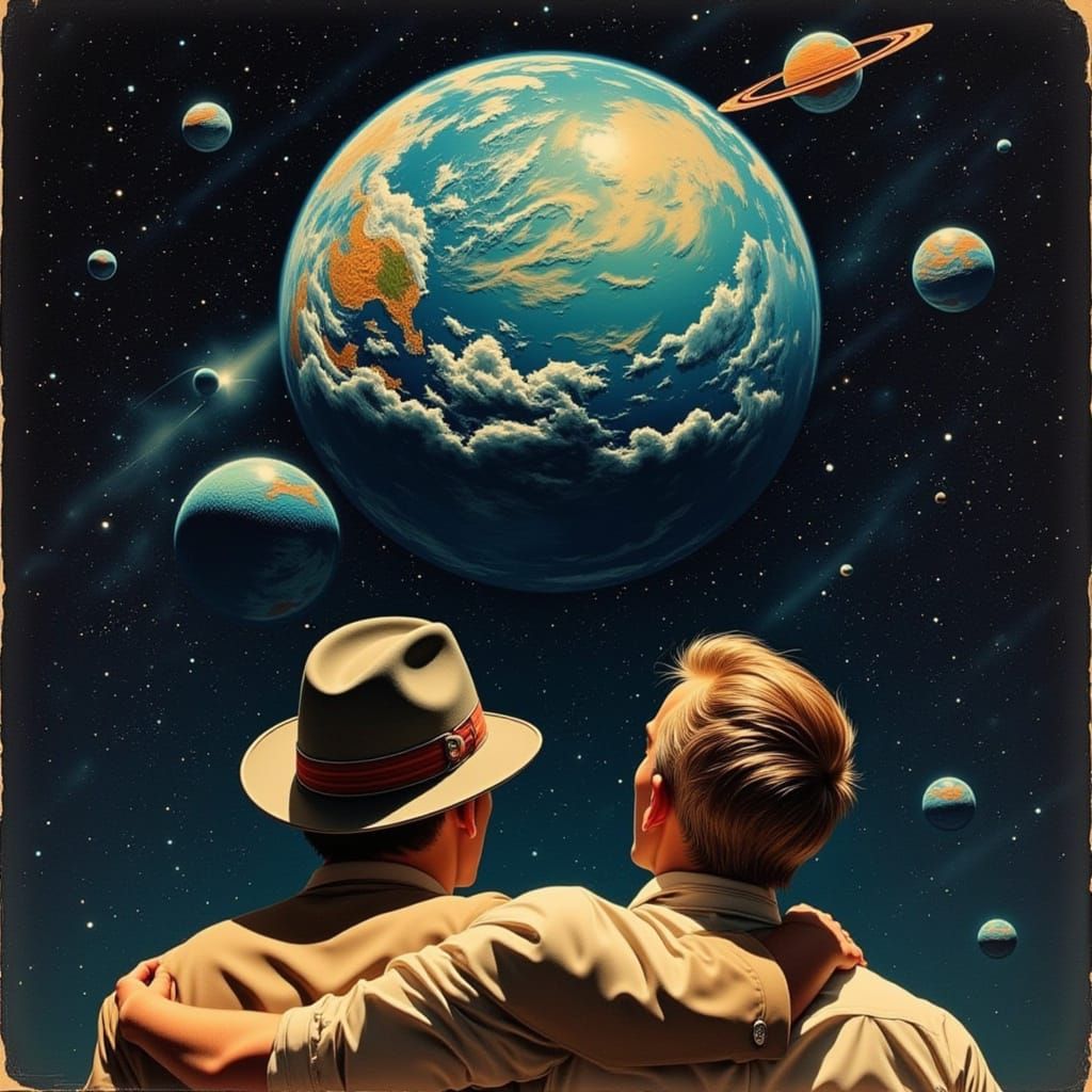 Men Gaze in Awe at Vibrant Earth in Deep Space