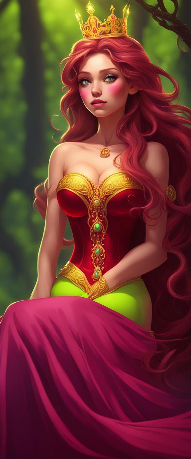 Crimson and Gold Rapunzel with Neon Dress