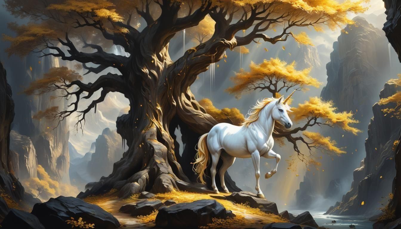 Unicorn and Golden Tree in Cave, Oil Painting