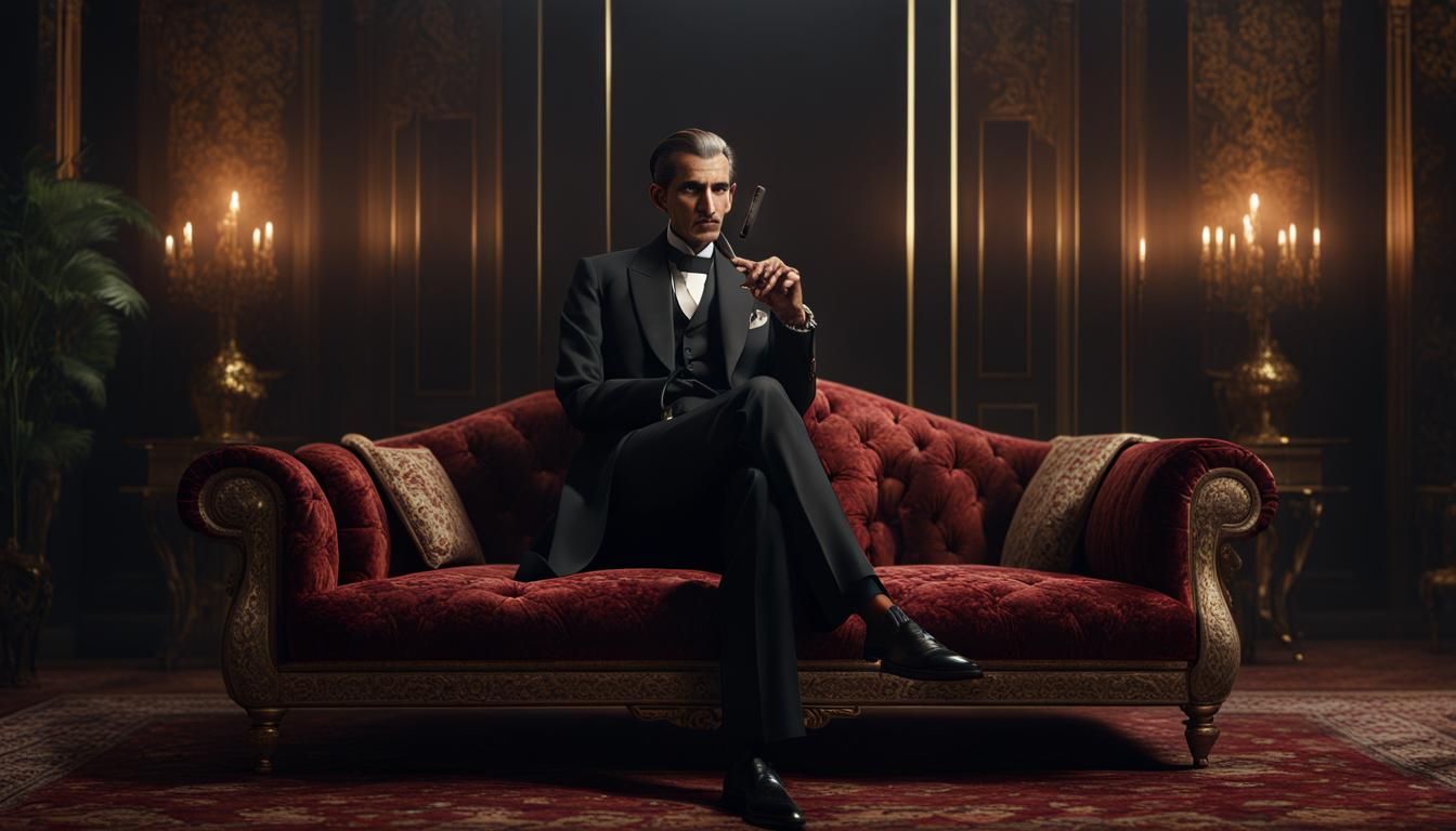 Hyper Realistic Quaid E Azam Sitting on a Velvet Sofa Wearing Black Sherwani Smoking Cigar in a fancy wall Dark Room