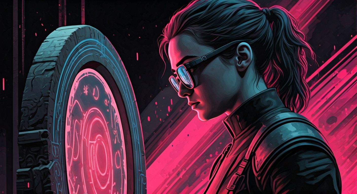 Maisie Williams as Futuristic Soldier Inspecting Alien Symbo...