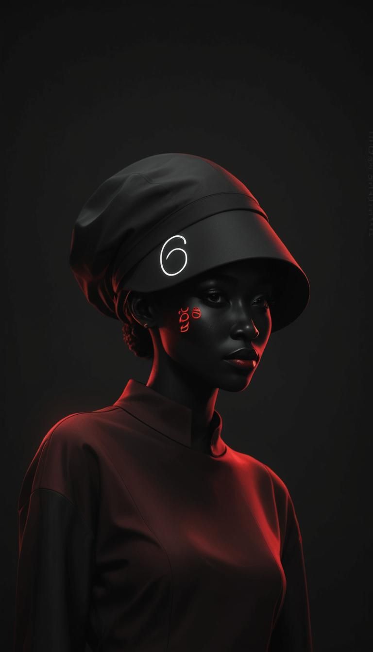 Futuristic 3D Woman in Red Dress with Neon Text